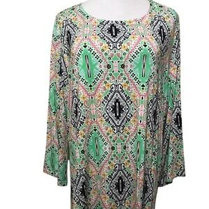 Ruby Rd Woman 2X Green Pink Geometric Tribal Print Scoop Neck 3/4 Sleeve Top